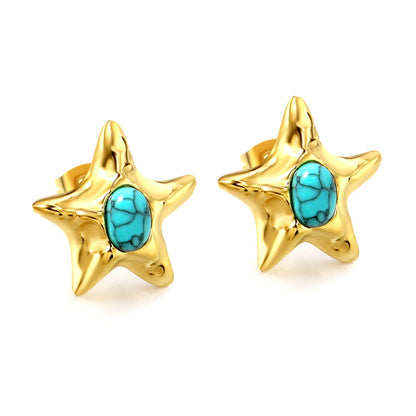 Starfish Pitted Faceted with Oval Blue Turquoise Earrings 21.7mm asonjewelry