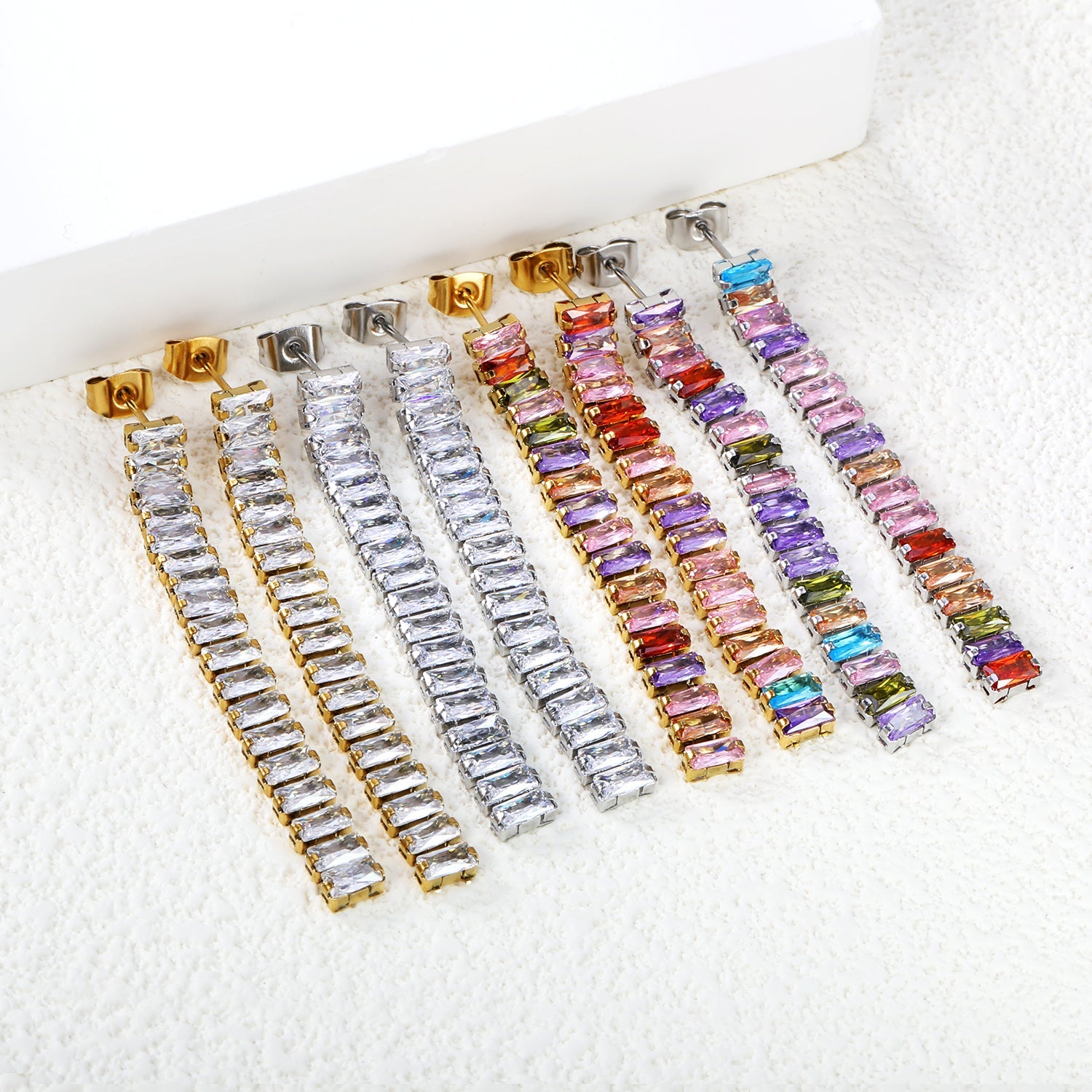 Earrings 5.83mm rectangle white/mixed color diamonds 5.5cm gold/steel color asonjewelry