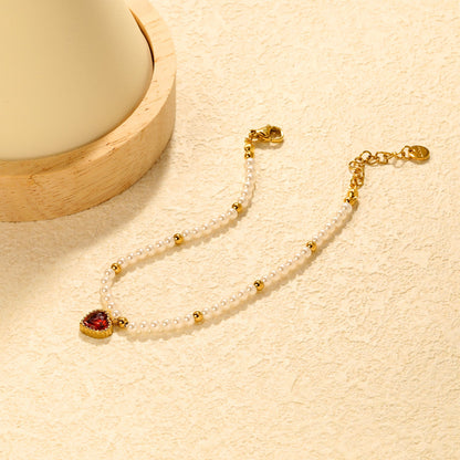 8.5 x 8.8mm beaded heart-shaped pendant with white/black/red/pink/green zirconia stones, 3.2mm white pearl beads + 3mm small steel beads, 18+3cm + 6mm round pendant, gold-colored bracelet asonjewelry