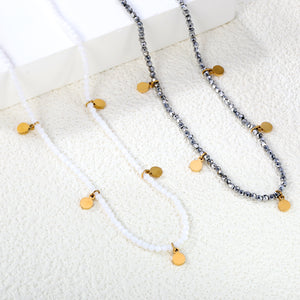 4*5.7mm round accessories +2mm white/mineral black beads necklace 40+5cm+6mm round plate Gold color
