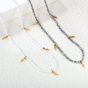 2*6.8mm lightning bolt accessories +2mm white/mineral black beads necklace 40+5cm+6mm round plate Gold color