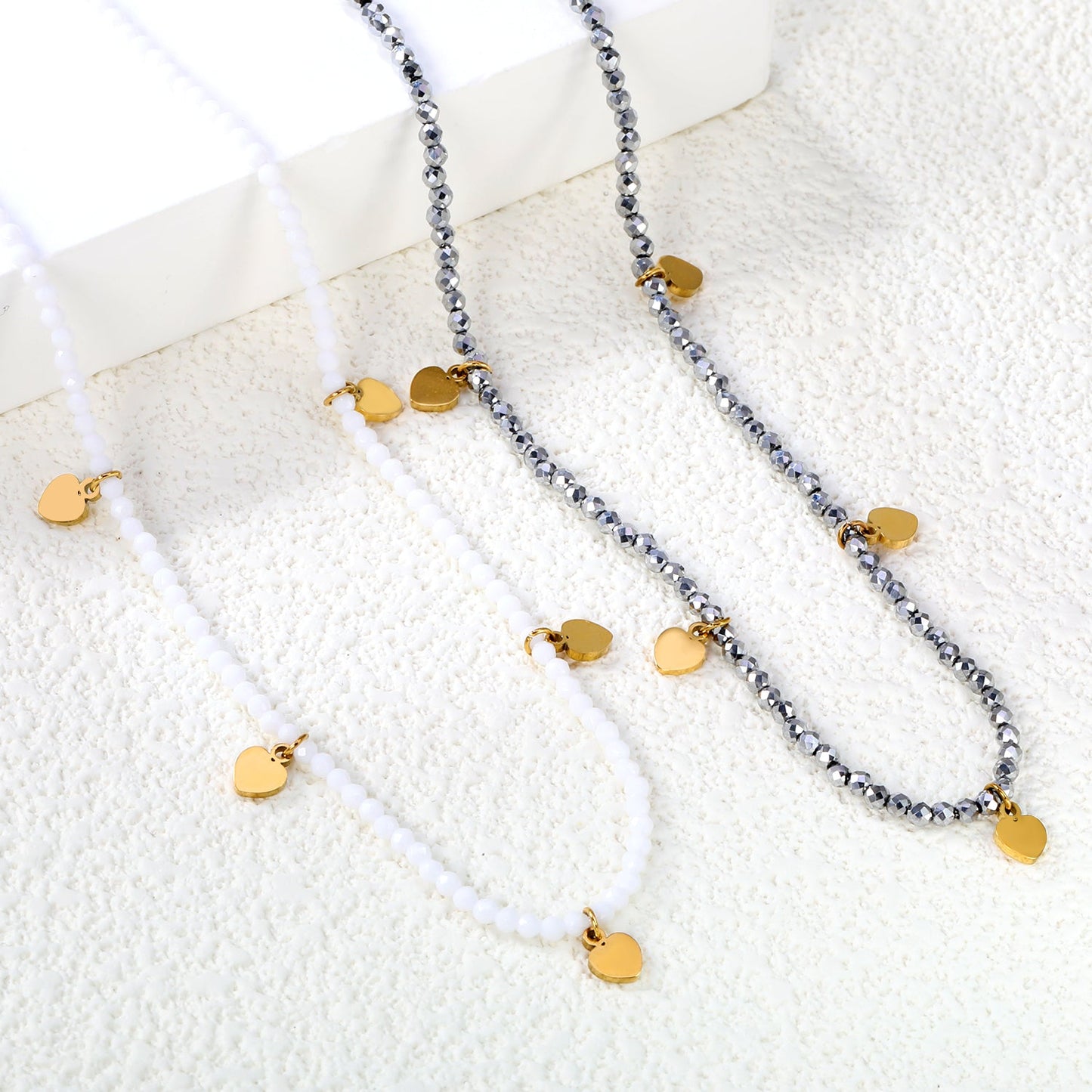 4.5*6mm Peach Heart Accessories +2mm White/Mineral Black Beads Necklace 40+5cm+6mm Round Plaque Gold Color asonjewelry