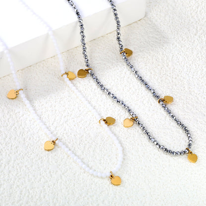 4.5*6mm Peach Heart Accessories +2mm White/Mineral Black Beads Necklace 40+5cm+6mm Round Plaque Gold Color asonjewelry