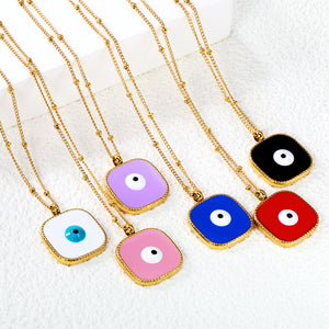 Welded 4mm circle + 16.5mm square green/white eyeball white/black/purple/red/blue/pink base oil drop pendant necklace 40+5cm+6mm round plate Gold color