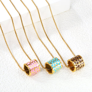 11*12mm hollow cylinder with light curry/pink/blue speckled oil drop pendant necklace 1.2 square pearl chain 40+5cm+6mm round piece gold color