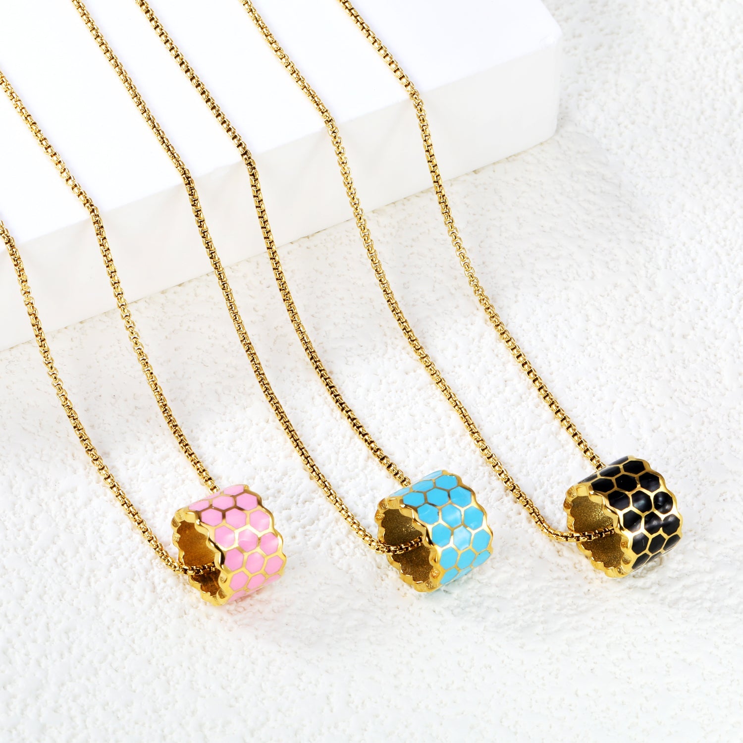 Thick 1.5*Wide 8.5*High 12mm Hollow Cylinder with Black/Pink/Blue Oil Drip Snake Pendant Necklace 1.2 Square Pearls Chain 40+5cm+6mm Round Piece Gold Color asonjewelry