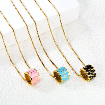 Thick 1.5*Wide 8.5*High 12mm Hollow Cylinder with Black/Pink/Blue Oil Drip Snake Pendant Necklace 1.2 Square Pearls Chain 40+5cm+6mm Round Piece Gold Color asonjewelry
