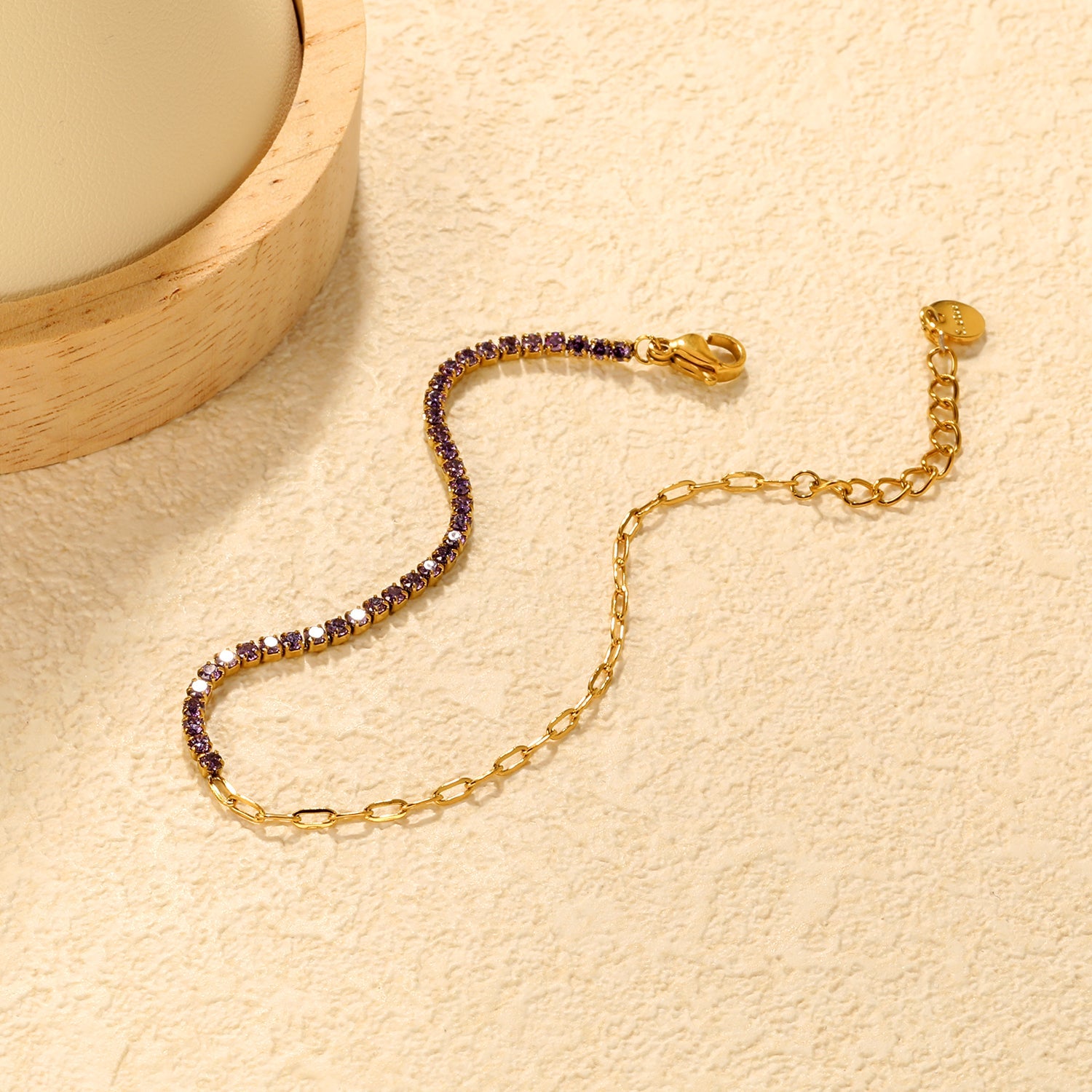2mm white/black/purple/pink/light blue four-prong round zirconia 18+3cm+6mm round pendant bracelet, gold asonjewelry