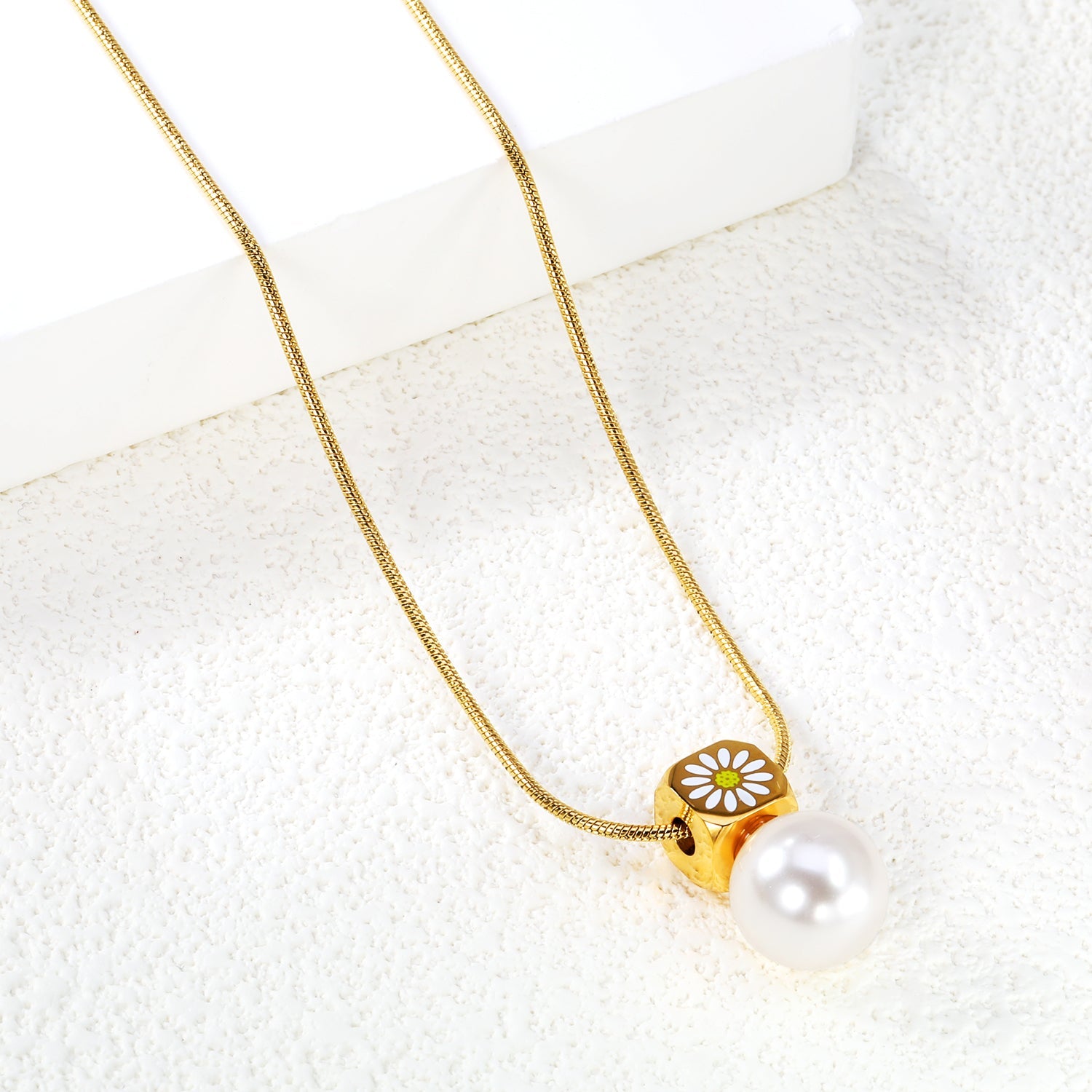 8mm chamfered square+12mm pearl pendant necklace cross chain 40+5cm+6mm round plaque gold color asonjewelry