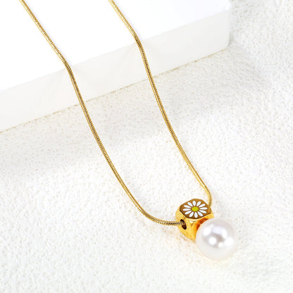8mm chamfered square+12mm pearl pendant necklace cross chain 40+5cm+6mm round plaque gold color asonjewelry