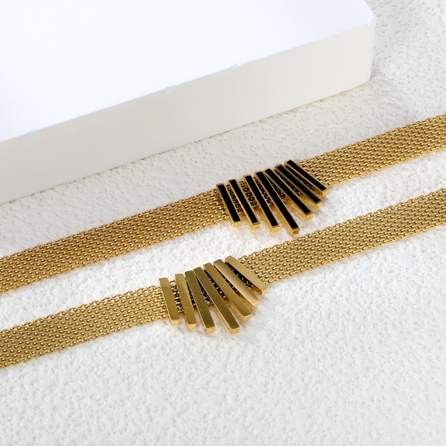22*18mm black oil drop/golden long and short vertical bar accessories 8mm mesh chain necklace 40+5cm+6mm round plaque gold color asonjewelry