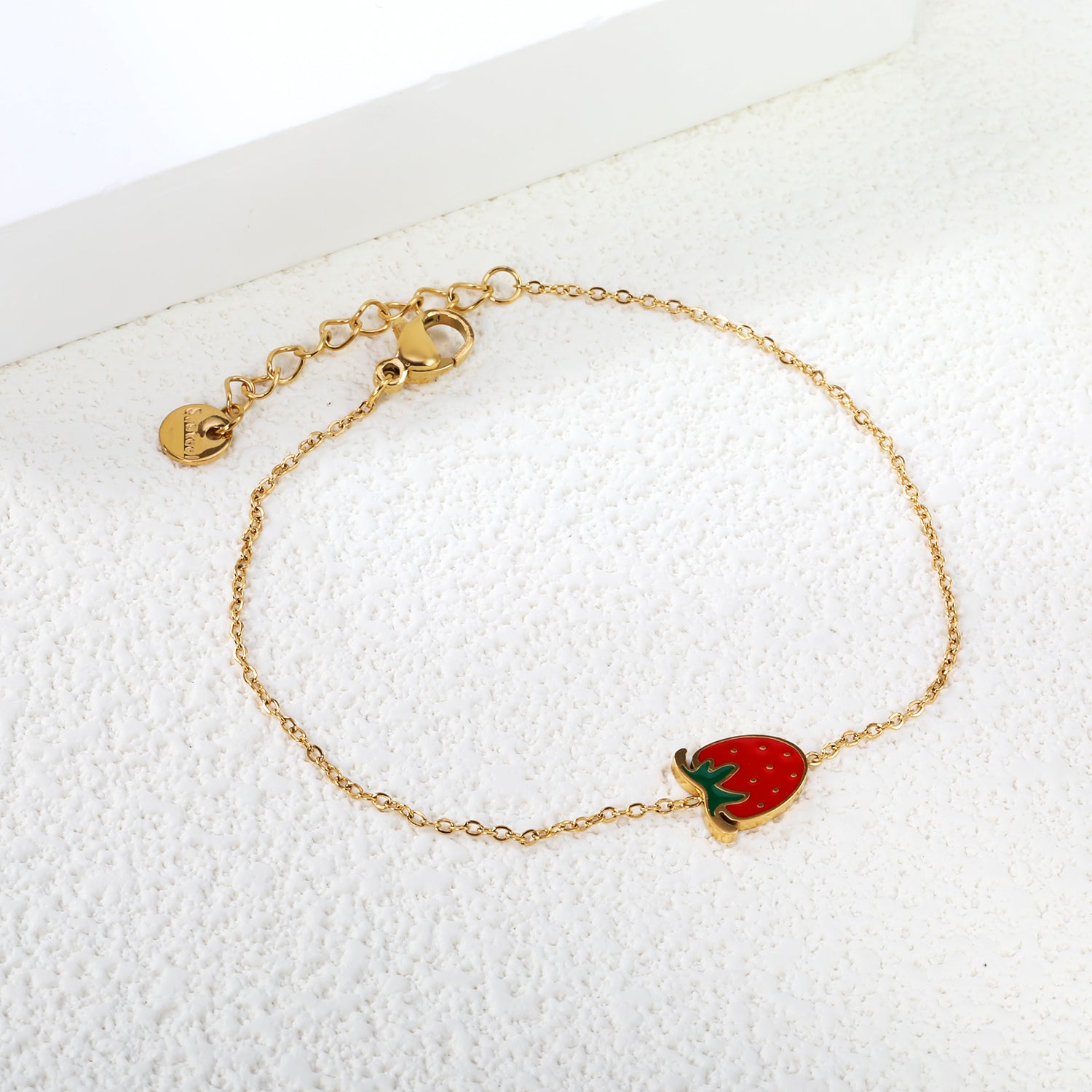 9*10mm Strawberry with Mixed Color Drip Oil Accessories Bracelet 17+3cm+6mm Round End Plaque Gold Color asonjewelry
