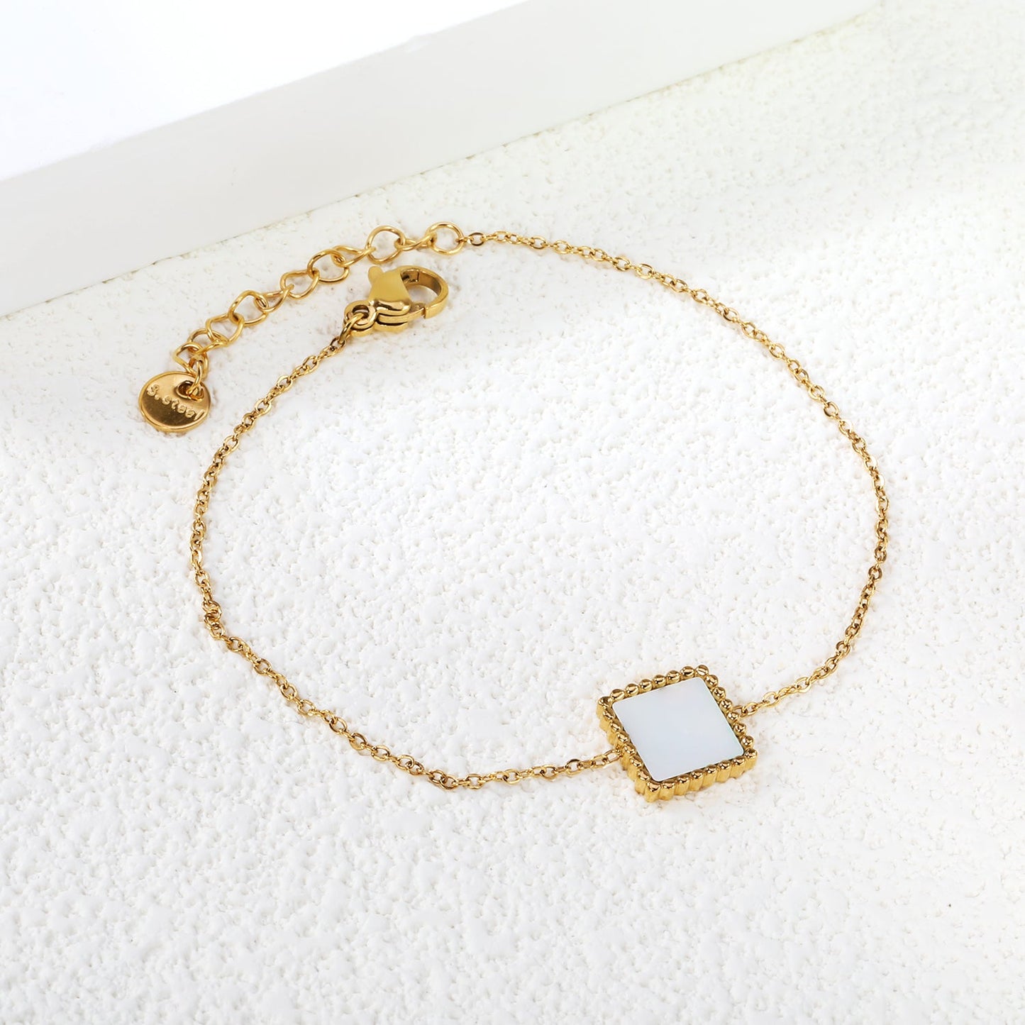 10.6mm Bead Edge Square Sticky White Shell Bracelet 17+3cm+6mm Round Tail Plaque Gold Color asonjewelry