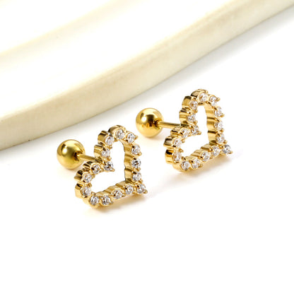 Steel ball screw-in heart shaped hoop earrings with white diamonds 11.2*10mm asonjewelry