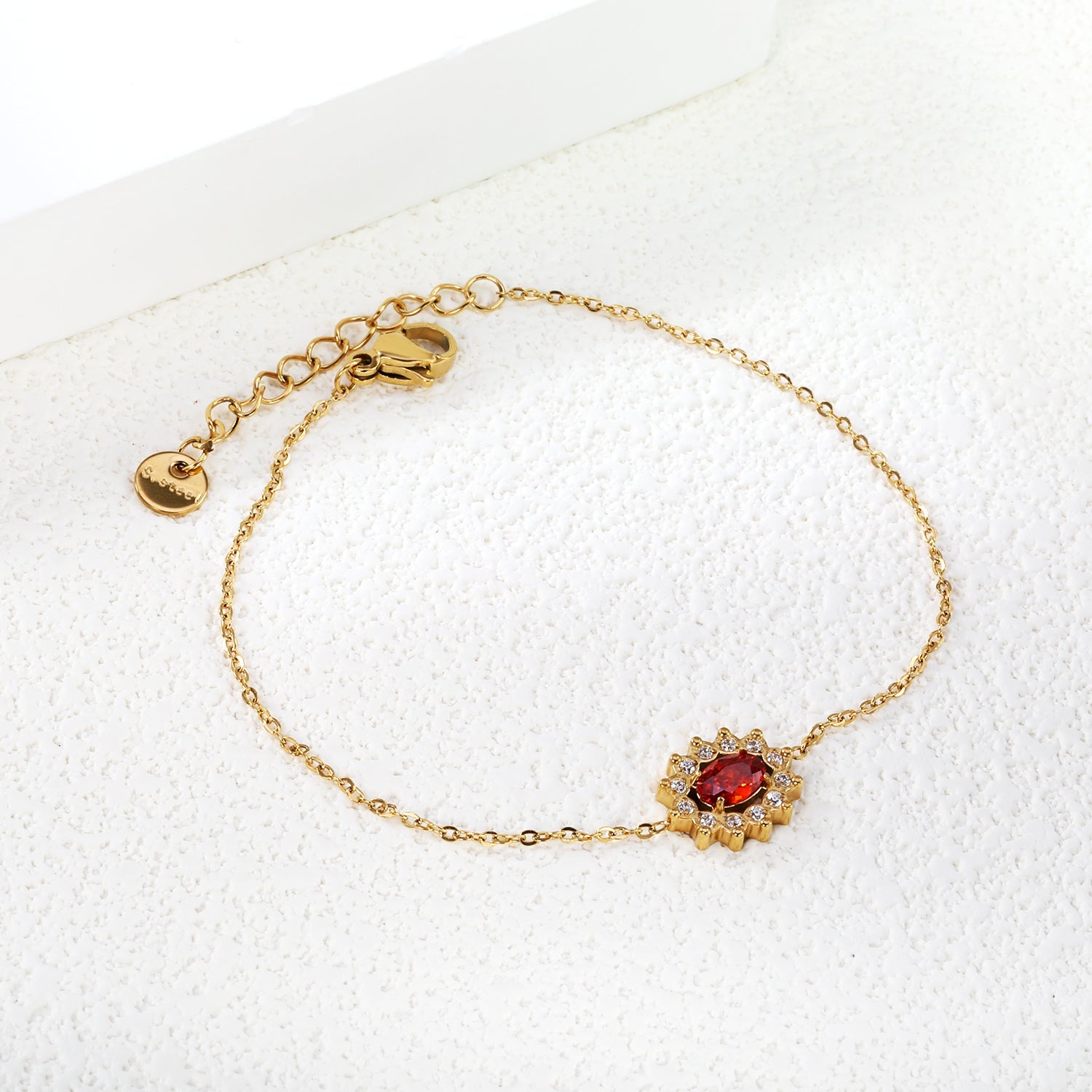 10.3*12.4mm Lace Oval with CNC White Zirconium Ring + Garnet Red Real Zirconium Accessories Bracelet 17+3cm+6mm Round End Plaque Steel/Golden asonjewelry