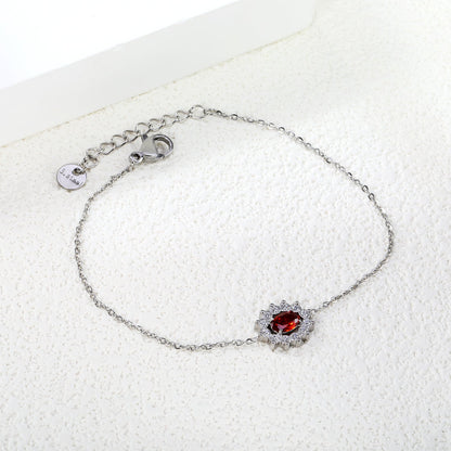 10.3*12.4mm Lace Oval with CNC White Zirconium Ring + Garnet Red Real Zirconium Accessories Bracelet 17+3cm+6mm Round End Plaque Steel/Golden asonjewelry