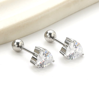 Steel ball screw-in heart shaped earrings with white diamonds 6*6.8mm asonjewelry