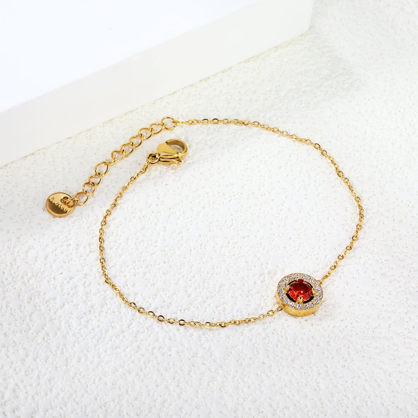 9.6mm round with CNC white zirconium circle + garnet red real zirconium accessories bracelet 17+3cm + 6mm round end plate steel color/golden asonjewelry
