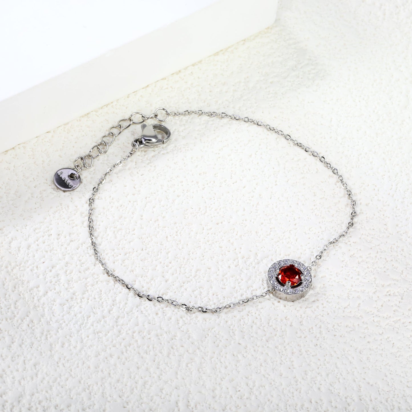 9.6mm round with CNC white zirconium circle + garnet red real zirconium accessories bracelet 17+3cm + 6mm round end plate steel color/golden asonjewelry