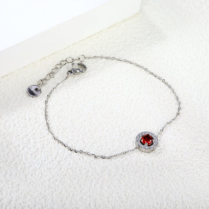 9.6mm round with CNC white zirconium circle + garnet red real zirconium accessories bracelet 17+3cm + 6mm round end plate steel color/golden asonjewelry