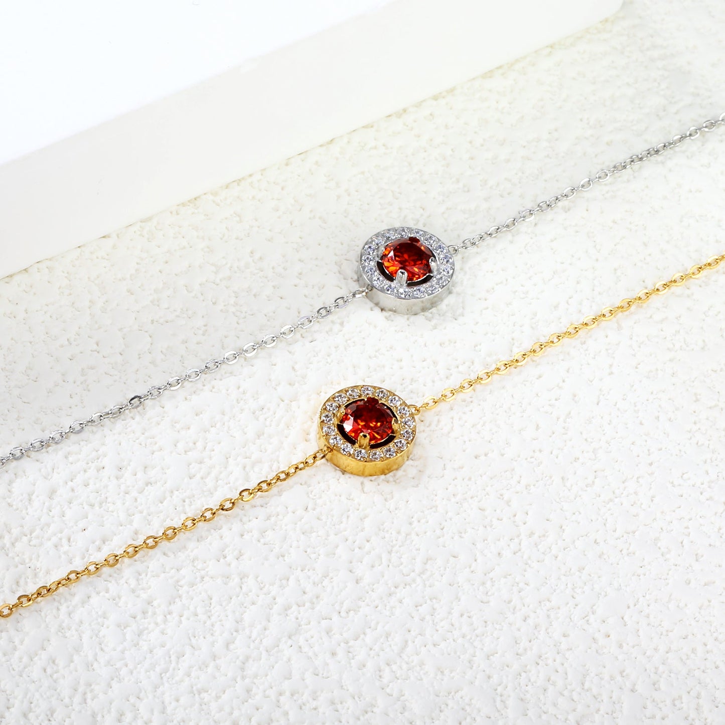9.6mm round with CNC white zirconium circle + garnet red real zirconium accessories bracelet 17+3cm + 6mm round end plate steel color/golden asonjewelry