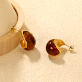15.2*23.5mm semi-curved teardrop white/amber resin stud earrings gold color