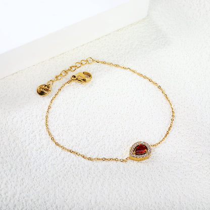 8.7*11mm Round with CNC White Zirconium Ring + Garnet Red Real Zirconium Accessories Bracelet 17+3cm+6mm Round End Plaque Steel/Golden asonjewelry