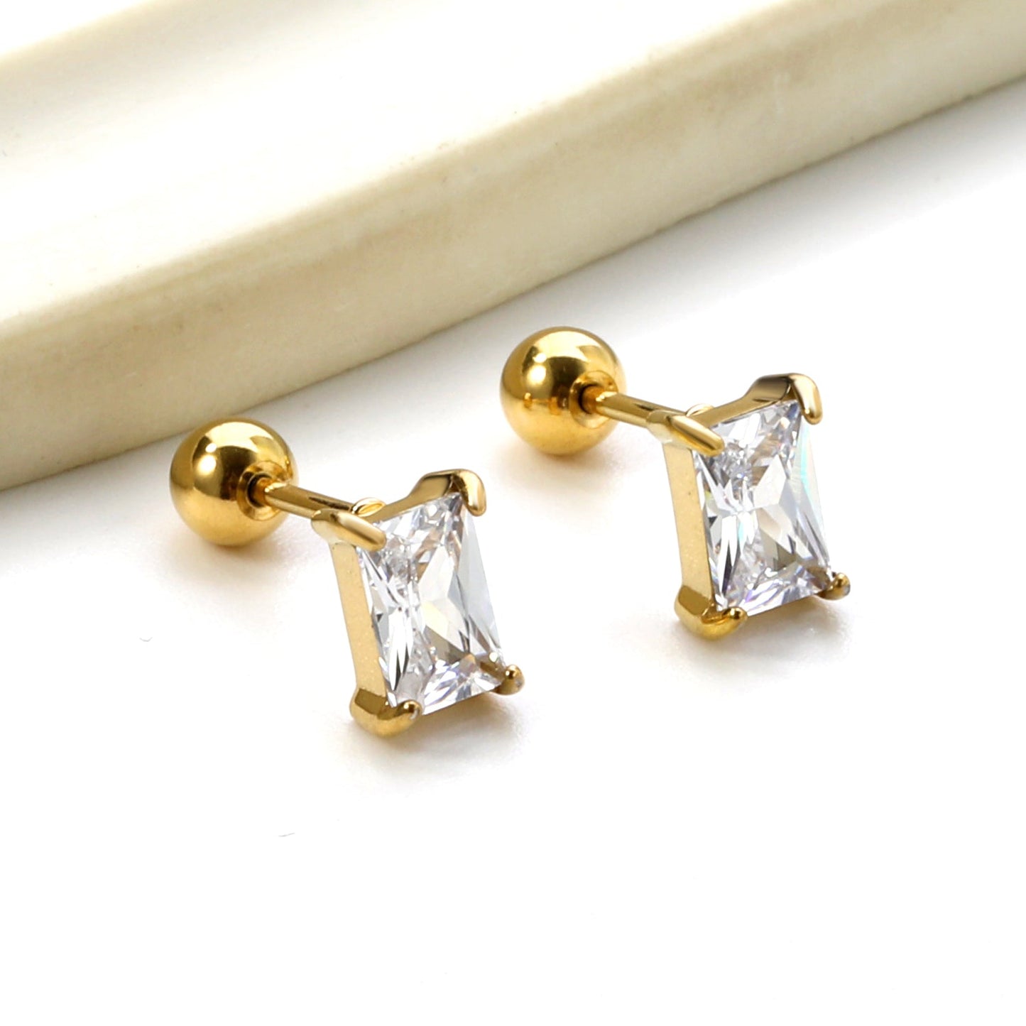 Steel ball screw-in rectangular earrings with white diamonds 5.2*7.2mm asonjewelry