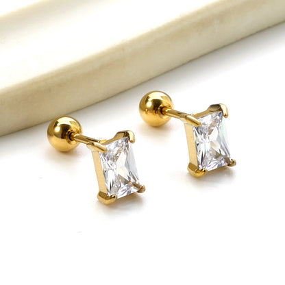 Steel ball screw-in rectangular earrings with white diamonds 5.2*7.2mm asonjewelry