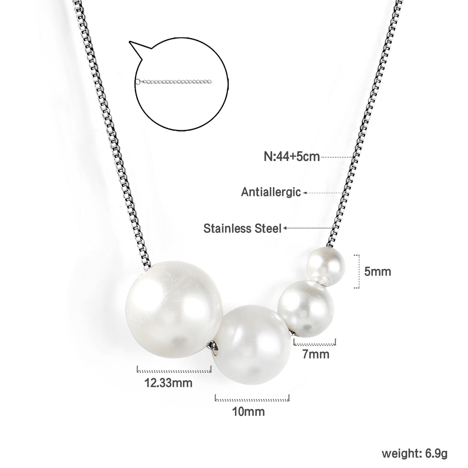 4 large and small white pearls 5+7+10+12mm necklace 45+5cm steel color asonjewelry