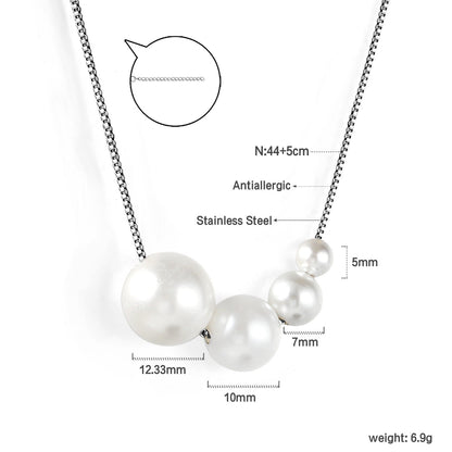 4 large and small white pearls 5+7+10+12mm necklace 45+5cm steel color asonjewelry