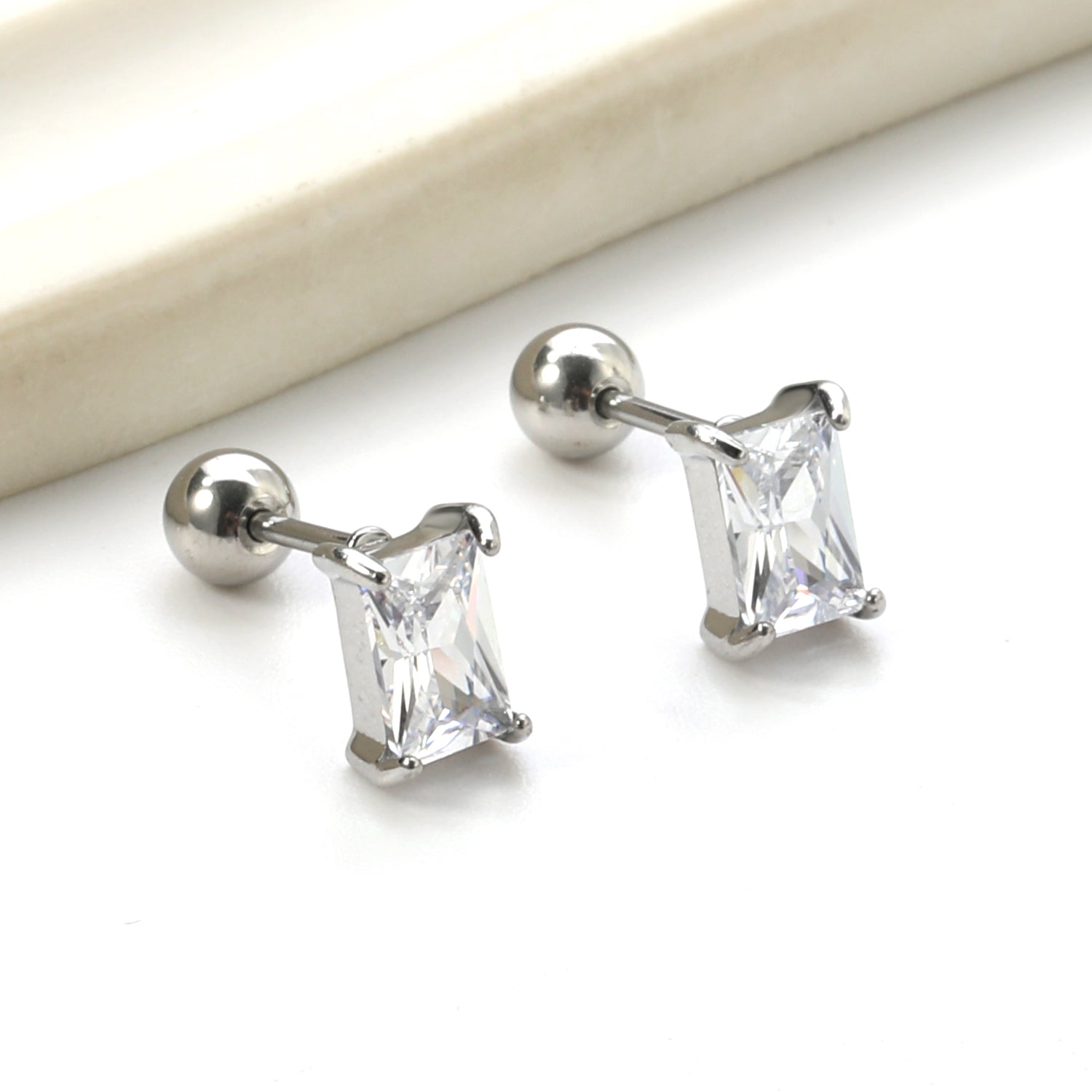 Steel ball screw-in rectangular earrings with white diamonds 5.2*7.2mm asonjewelry