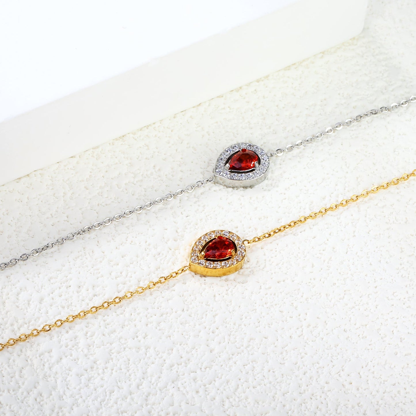 8.7*11mm Round with CNC White Zirconium Ring + Garnet Red Real Zirconium Accessories Bracelet 17+3cm+6mm Round End Plaque Steel/Golden asonjewelry