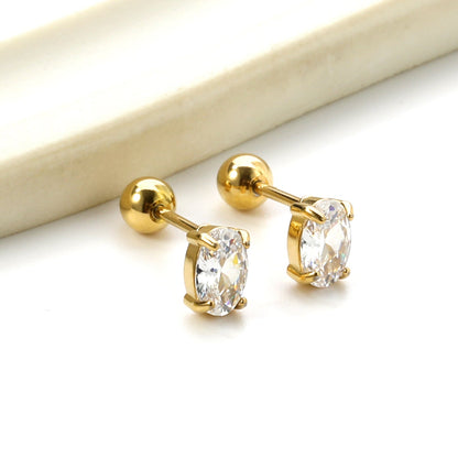 Steel ball screw-in oval earrings with white diamonds 4*6mm asonjewelry