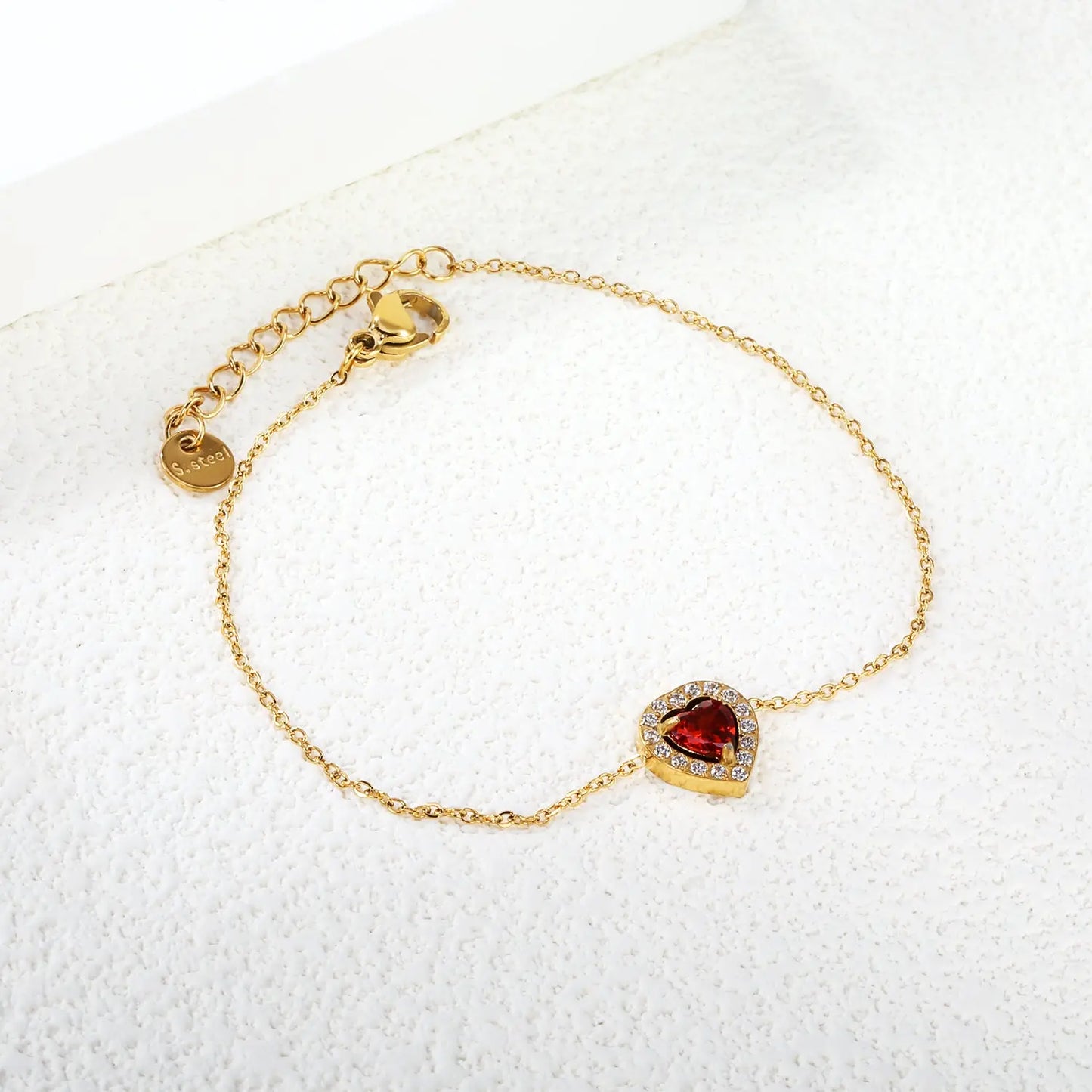 9.8*10.3mm peach heart with CNC white zirconium ring + garnet red genuine zirconium accessories bracelet 17+3cm+6mm round end plaque steel color/golden asonjewelry