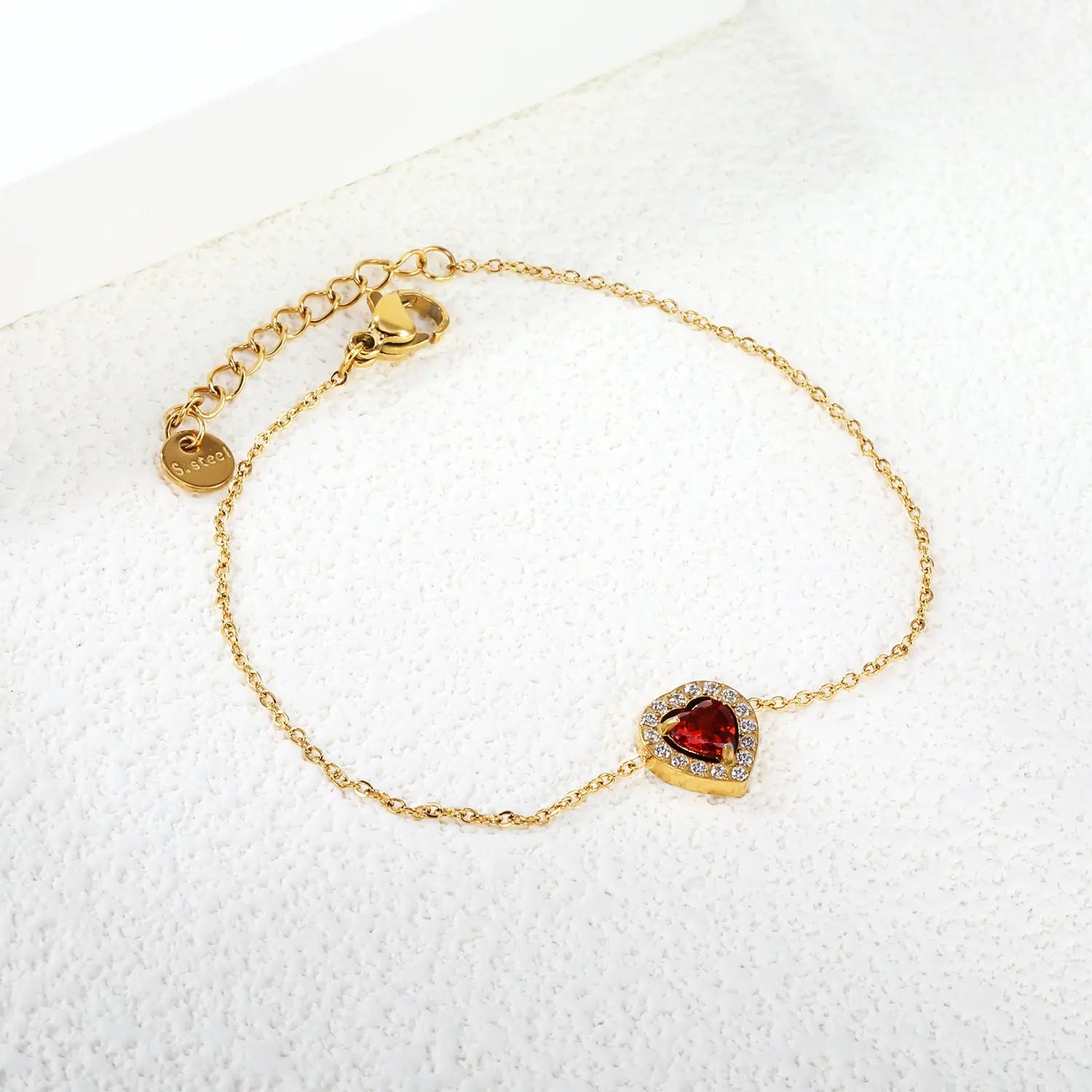 9.8*10.3mm peach heart with CNC white zirconium ring + garnet red genuine zirconium accessories bracelet 17+3cm+6mm round end plaque steel color/golden asonjewelry