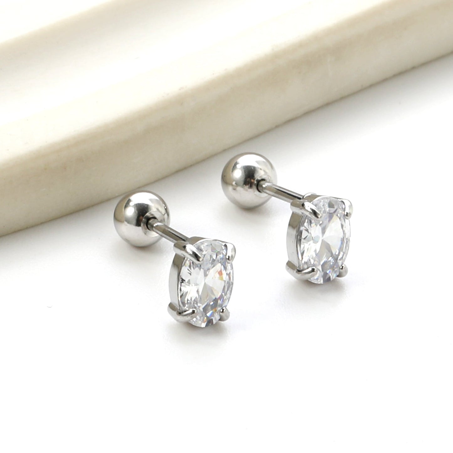 Steel ball screw-in oval earrings with white diamonds 4*6mm asonjewelry