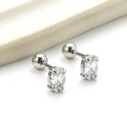 Steel ball screw-in oval earrings with white diamonds 4*6mm asonjewelry