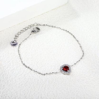 9.8*10.3mm peach heart with CNC white zirconium ring + garnet red genuine zirconium accessories bracelet 17+3cm+6mm round end plaque steel color/golden asonjewelry