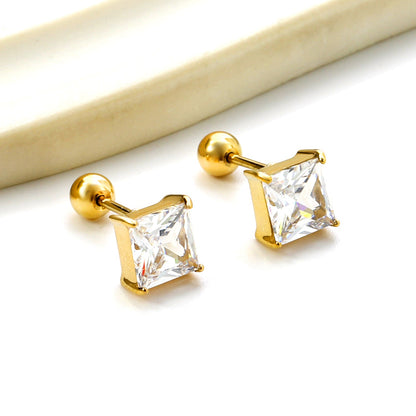 Steel Bead Screwback Square Stud Earrings with White Diamonds 6.9mm asonjewelry