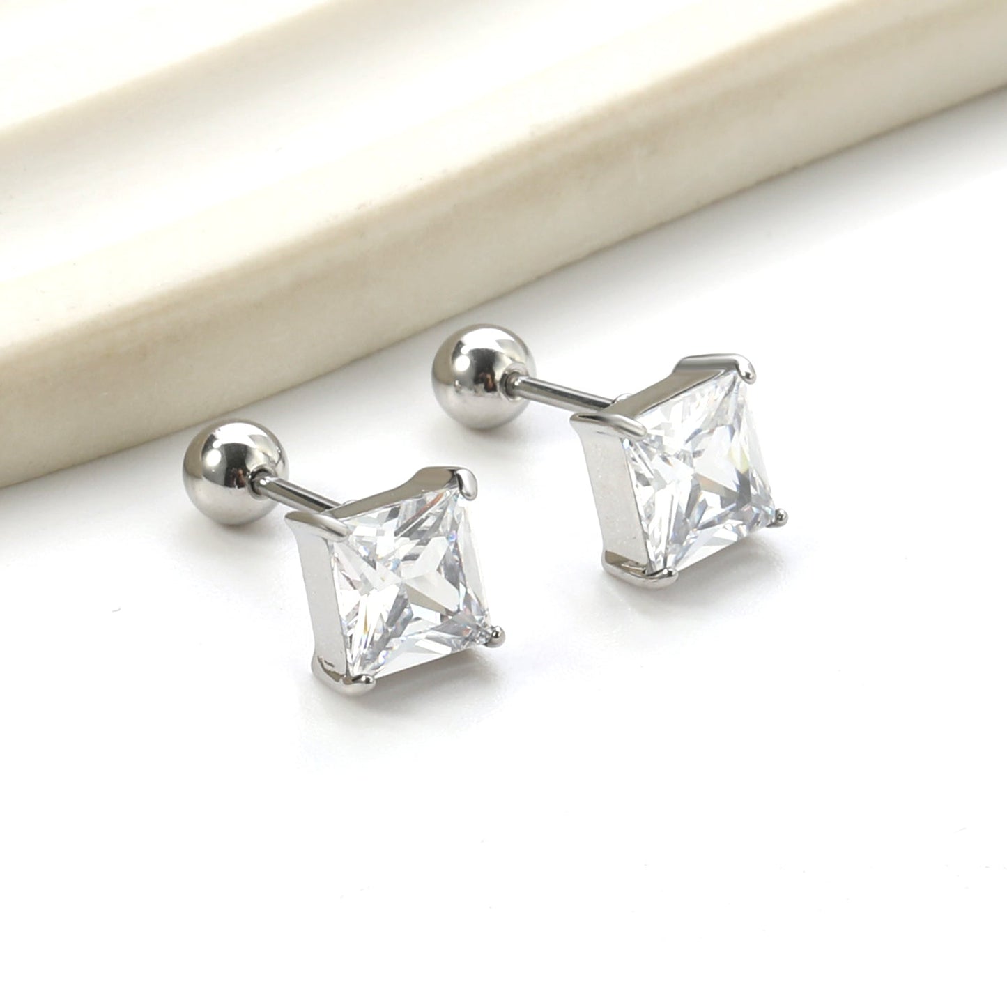 Steel Bead Screwback Square Stud Earrings with White Diamonds 6.9mm asonjewelry