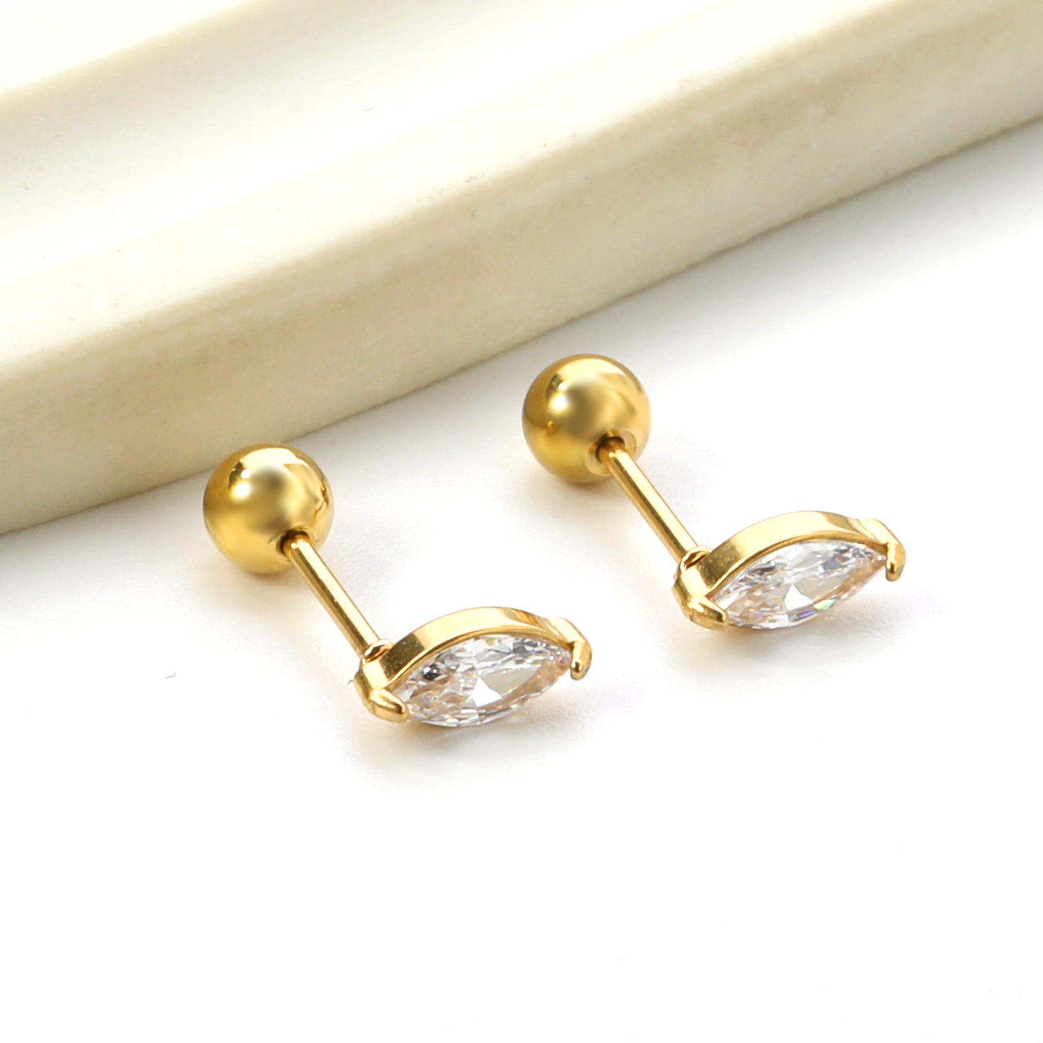 Steel Beads Screwback Horse Eye Earrings with White Diamonds 3.3*7.3mm asonjewelry