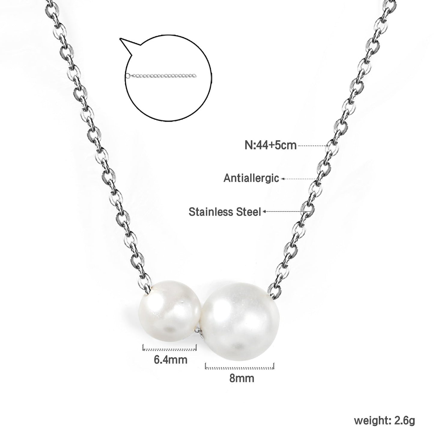 2 large and small white pearls 6.4+8mm necklace 44+5cm asonjewelry