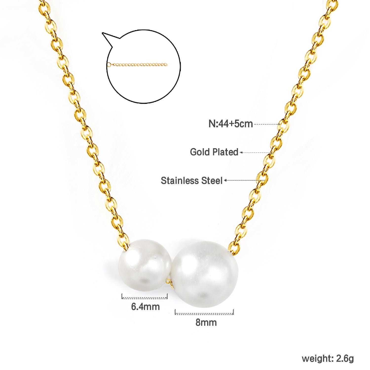 2 large and small white pearls 6.4+8mm necklace 44+5cm asonjewelry