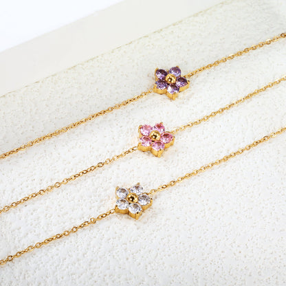 9.3*8.9mm Five Petal Flower with Round White/Purple/Pink Zirconium Bracelet 17+3cm+6mm Round End Tag Gold asonjewelry