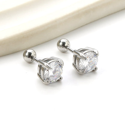Steel Bead Screwback Round Earrings with White Diamonds 6.9mm asonjewelry