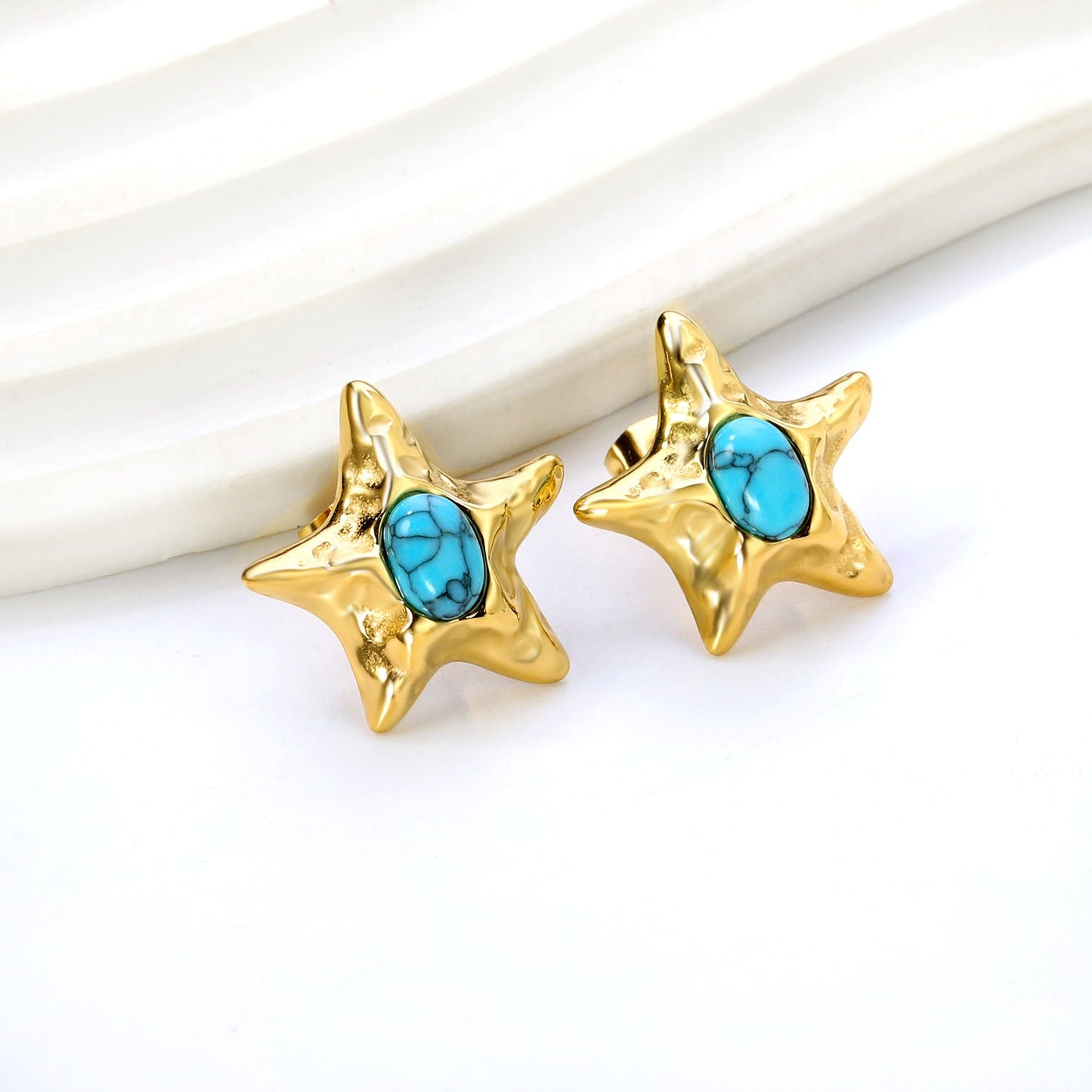 Starfish Pitted Faceted with Oval Blue Turquoise Earrings 21.7mm asonjewelry