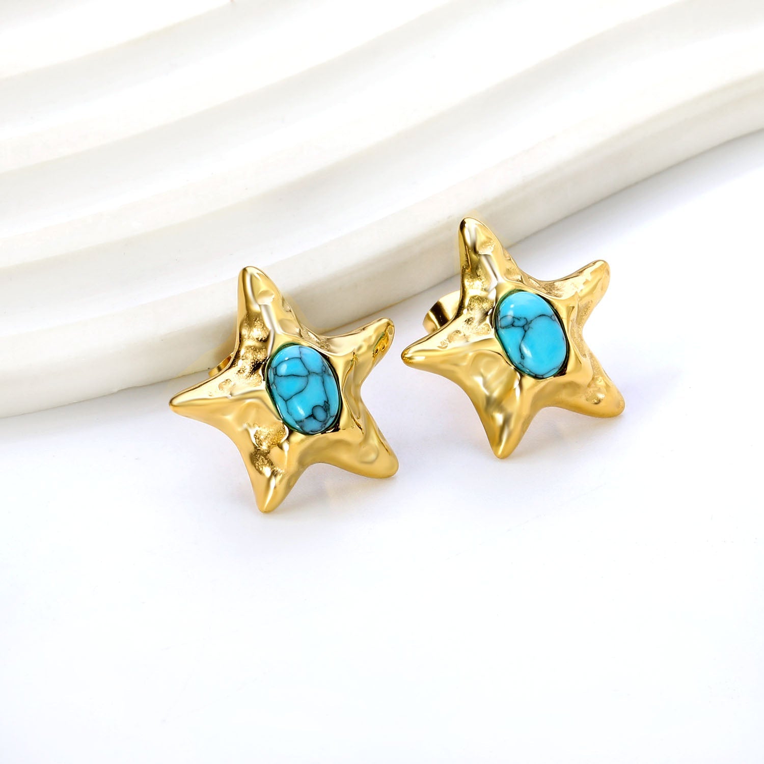 Starfish Pitted Faceted with Oval Blue Turquoise Earrings 21.7mm asonjewelry