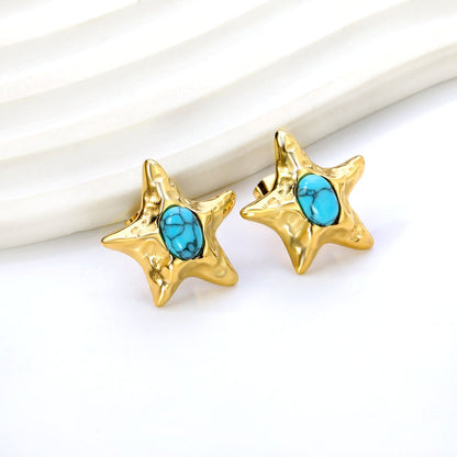 Starfish Pitted Faceted with Oval Blue Turquoise Earrings 21.7mm asonjewelry