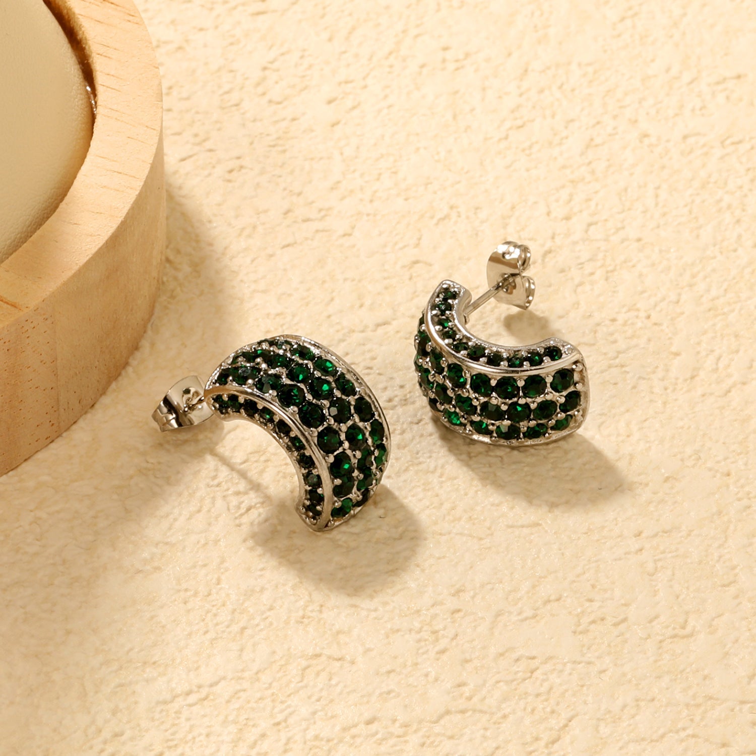 10.2*18.4mm C-shaped with white/emerald diamonds earrings steel color/golden color asonjewelry